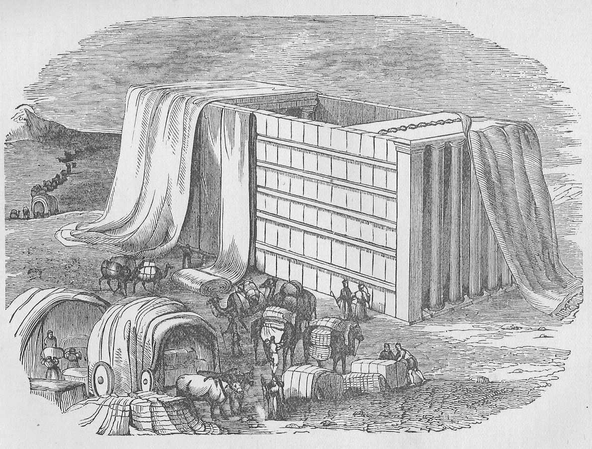 An engraving from Kitto's Cyclopedia showing the Tabernacle being set up in the wilderness, its curtains raised on the frame while wagons and oxen stand by.