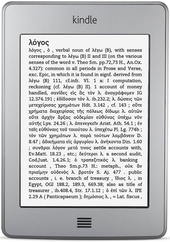 A Kindle e-reader displaying a Greek-English lexicon entry for the word logos, with numbered senses and classical citations in LSJ's format.