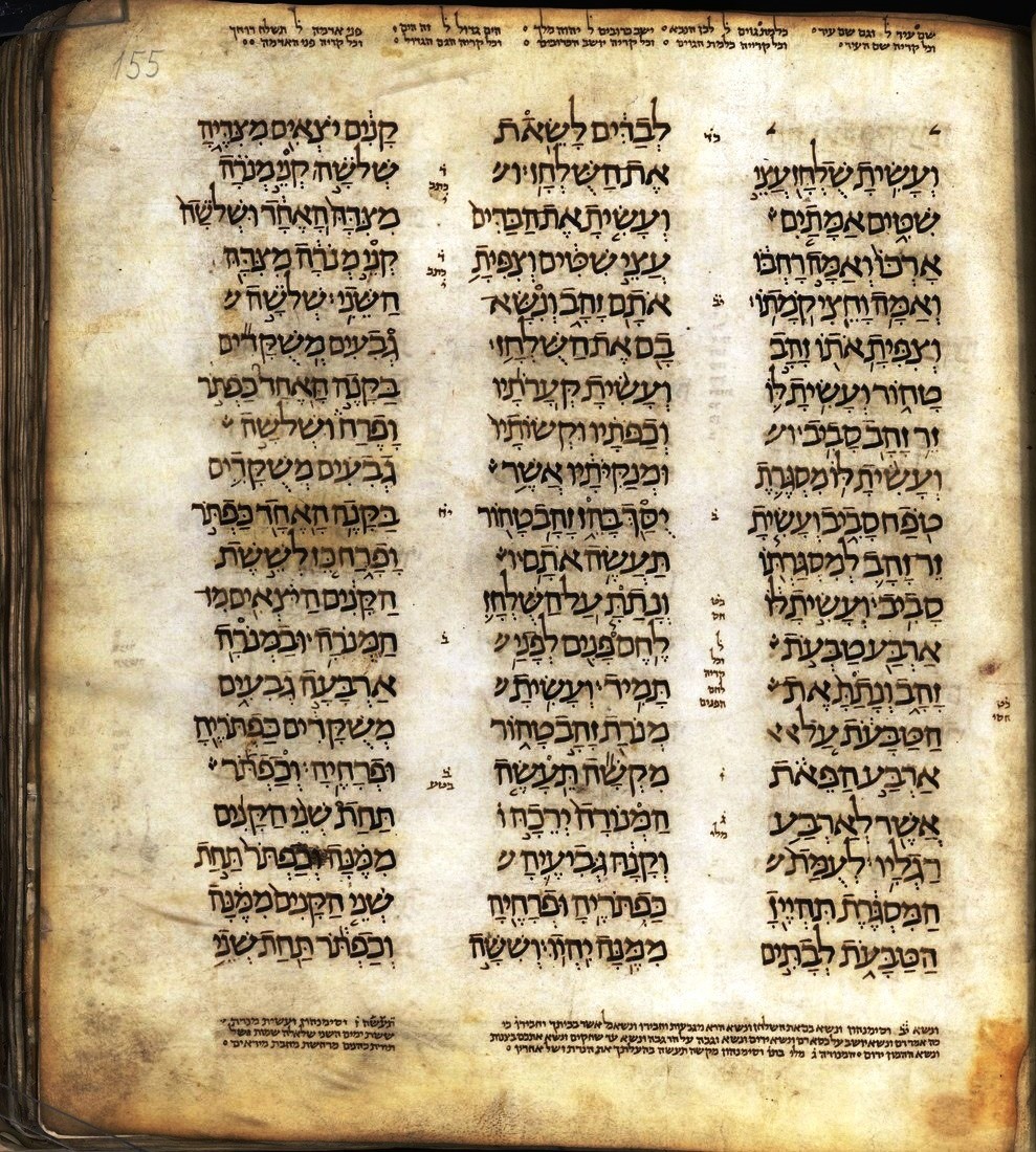 A page from the Damascus Pentateuch, a medieval Hebrew codex of the Torah, its two text columns framed by ornamental Masoretic micrography.