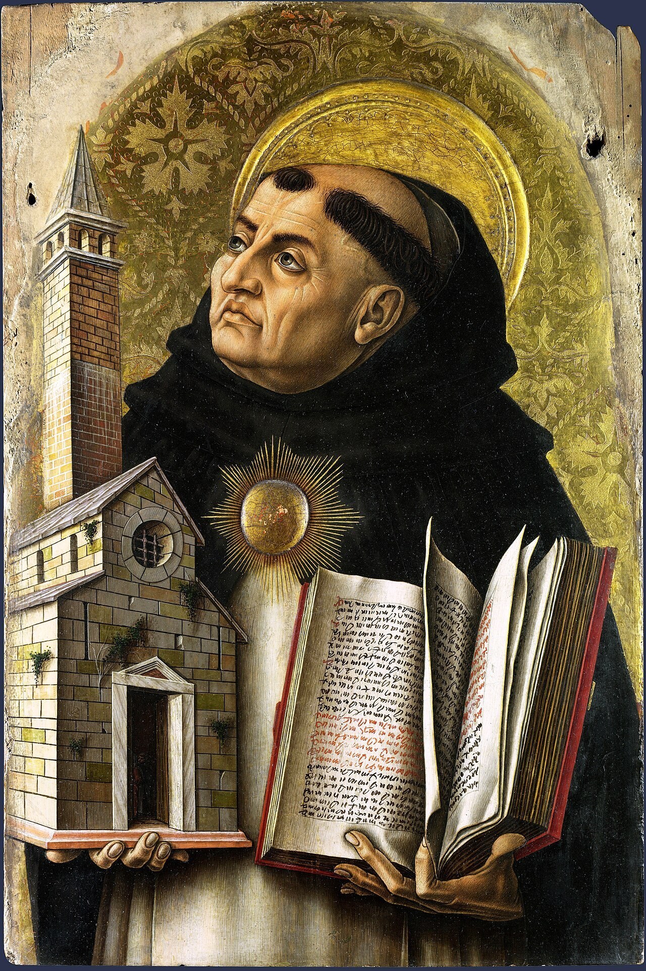 Carlo Crivelli's Saint Thomas Aquinas, the haloed Dominican holding his open book and a model church, a sunburst on his breast.