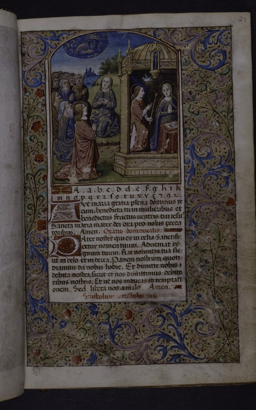 An illuminated primer page teaching the alphabet, the Hail Mary and the Lord's Prayer, and ending with the rubric for the Apostles' Creed.
