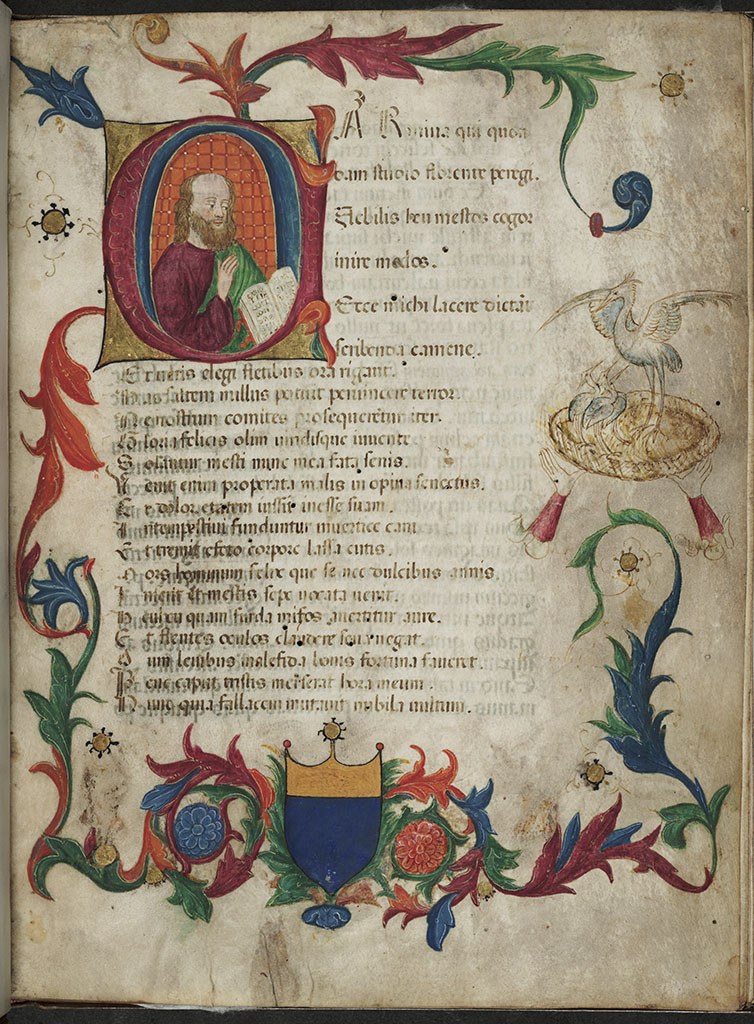 The first page of Boethius's Consolation of Philosophy, its decorated initial containing the author, surrounded by painted floral borders.