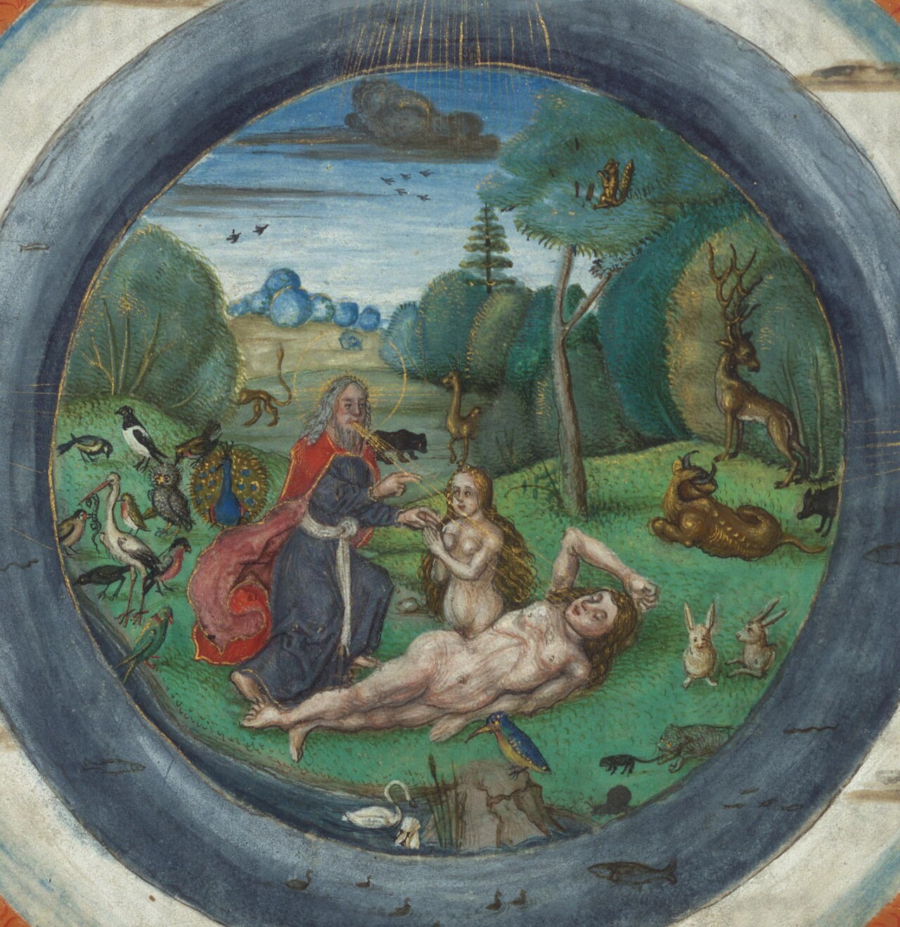 A round miniature of the creation of Eve, with God the Father blessing the new-made woman amid the animals of Eden.