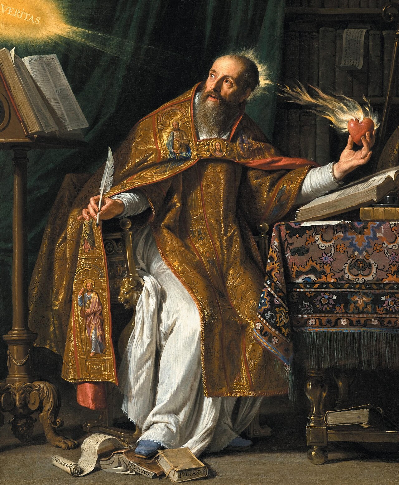 Philippe de Champaigne's portrait of Saint Augustine at his desk, holding his flaming heart and looking up from his pen.