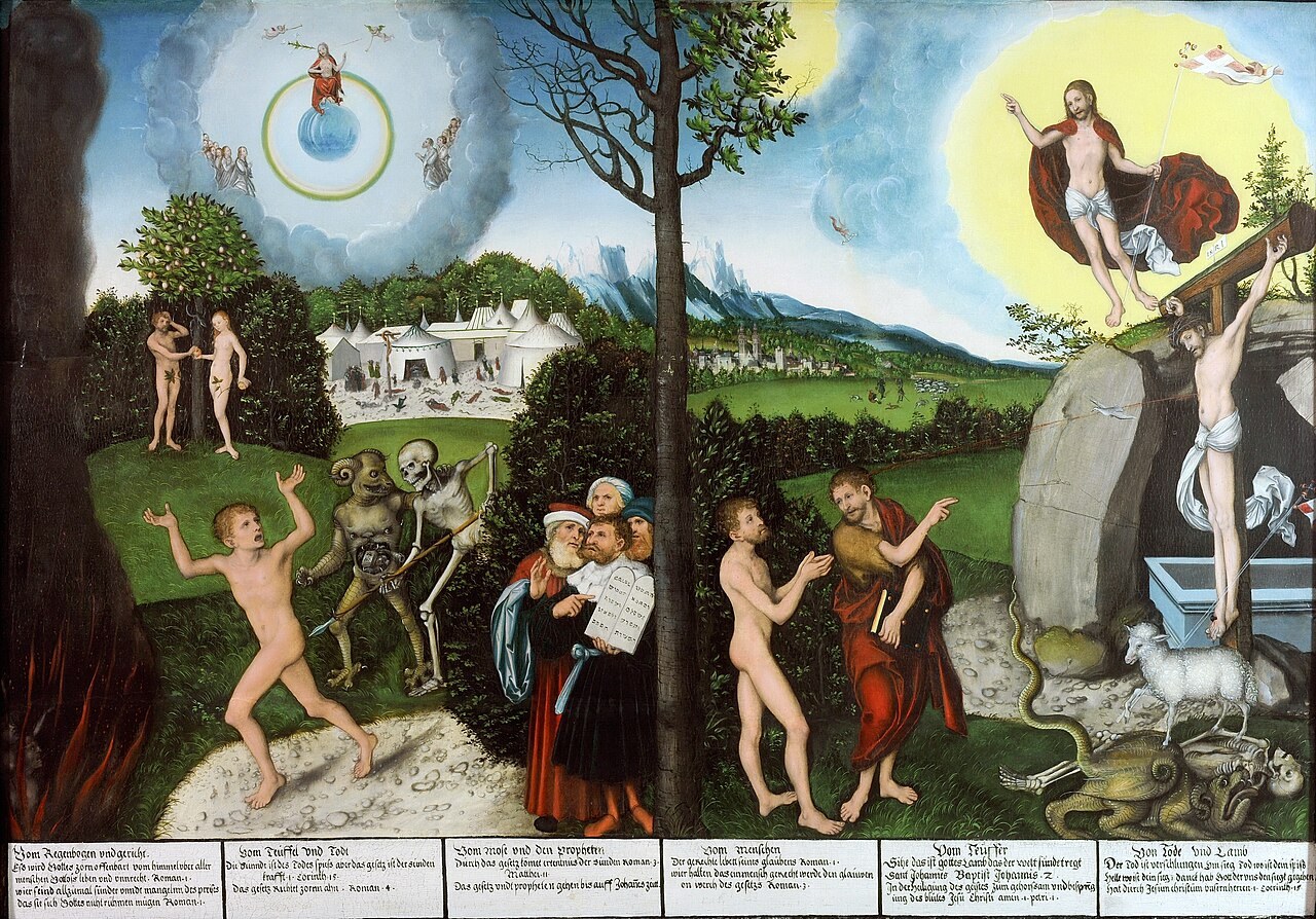 Lucas Cranach's Law and Gospel panel, contrasting the sinner under the law with the same sinner received by the crucified and risen Christ.