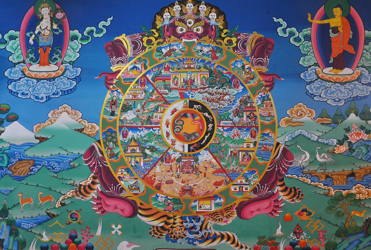 A Tibetan Wheel of Life thangka, its rings of beings held in the claws of Yama, lord of death.