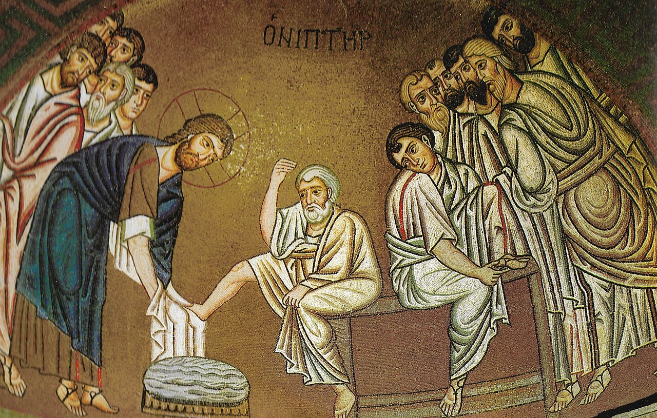 A Byzantine mosaic of Christ washing the feet of his disciples at the monastery of Hosios Loukas.