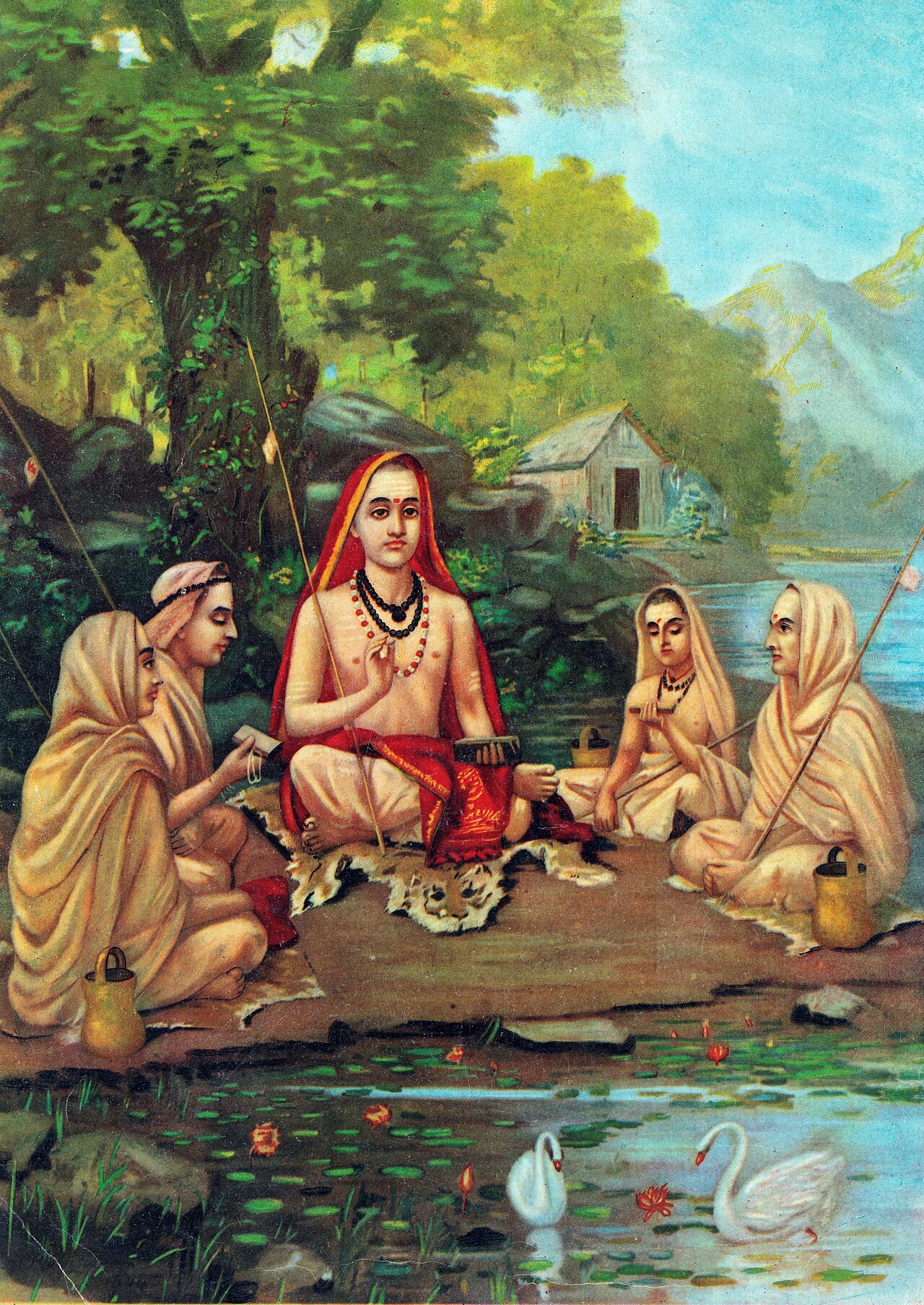 Raja Ravi Varma's painting of Shankaracharya seated in discussion with his disciples beside a river.