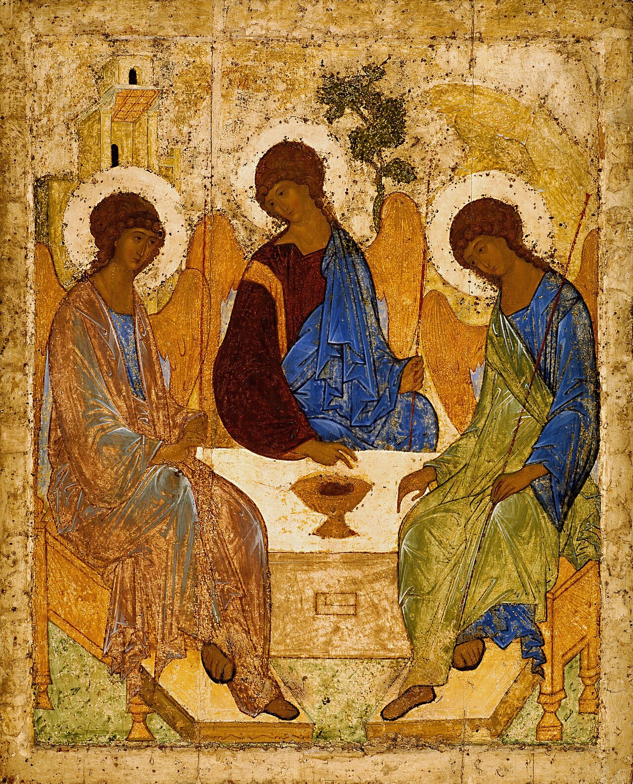 Andrei Rublev's icon of the Holy Trinity, the three angels seated in a circle around the table with the chalice.