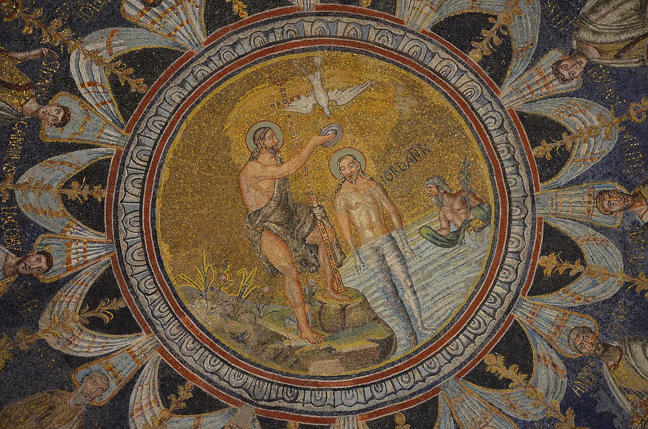 The dome mosaic of the Neonian Baptistery in Ravenna, showing the baptism of Christ in the Jordan at its centre.