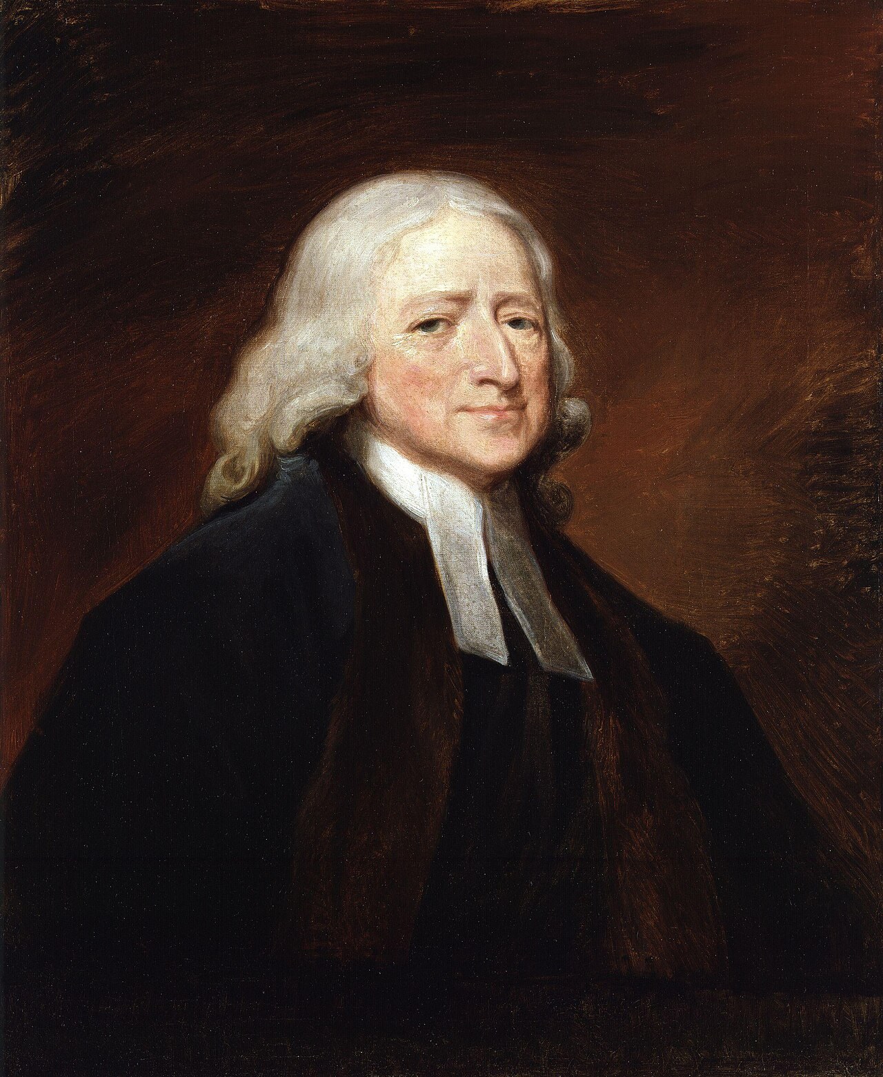 George Romney's portrait of John Wesley in his black gown and white bands.