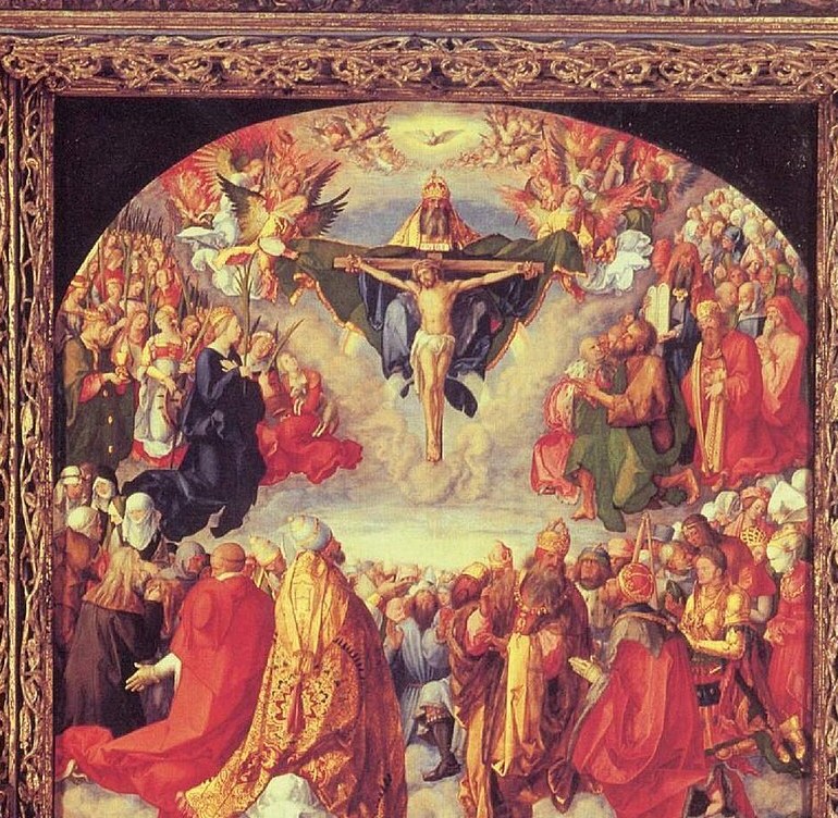 The Trinity at the summit of Albrecht Dürer's Landauer Altarpiece, the Father enthroned behind the crucified Son with the dove above, adored by the whole church below.