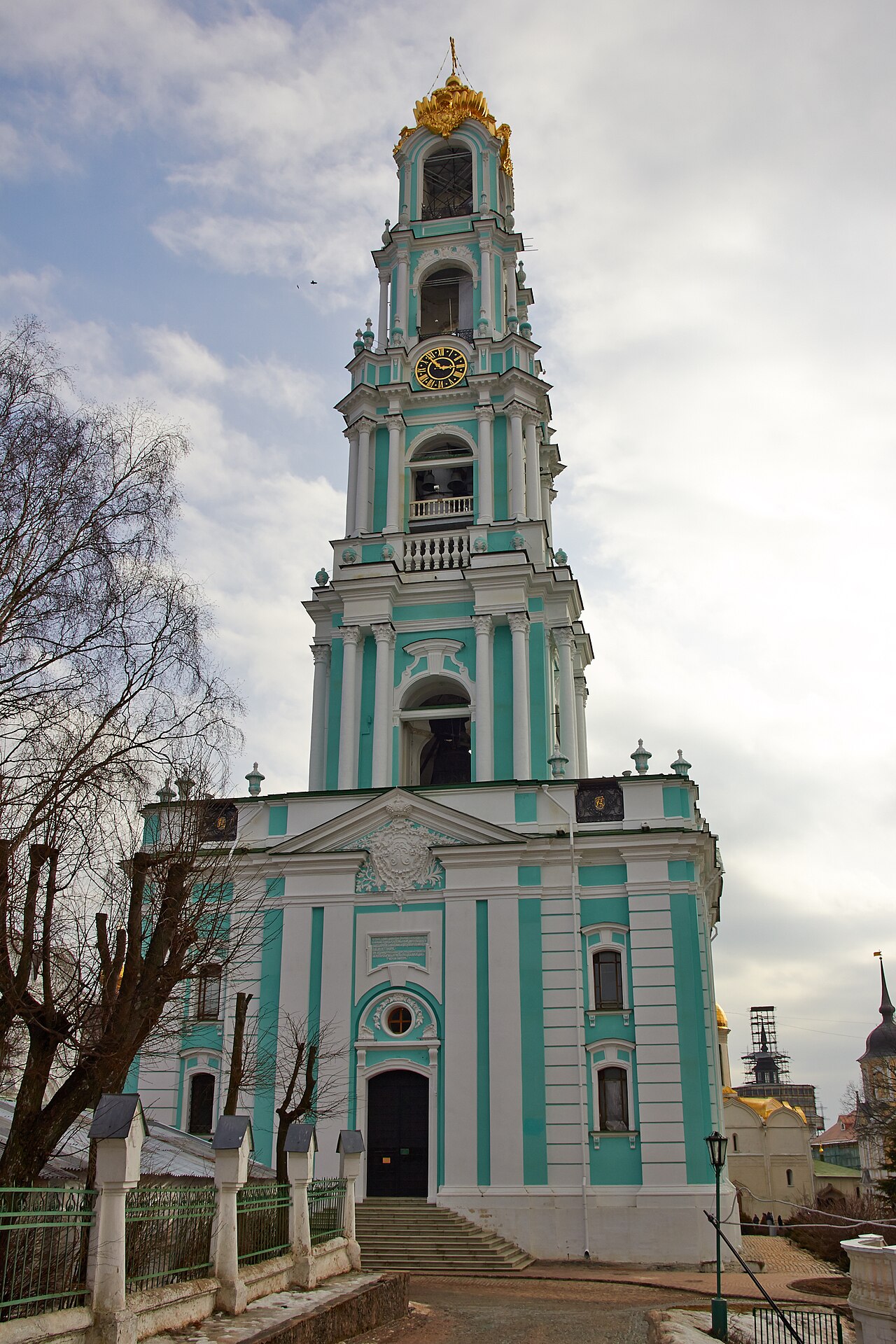 The bell tower and golden domes of the Trinity Lavra of St Sergius in Sergiyev Posad, Russia.