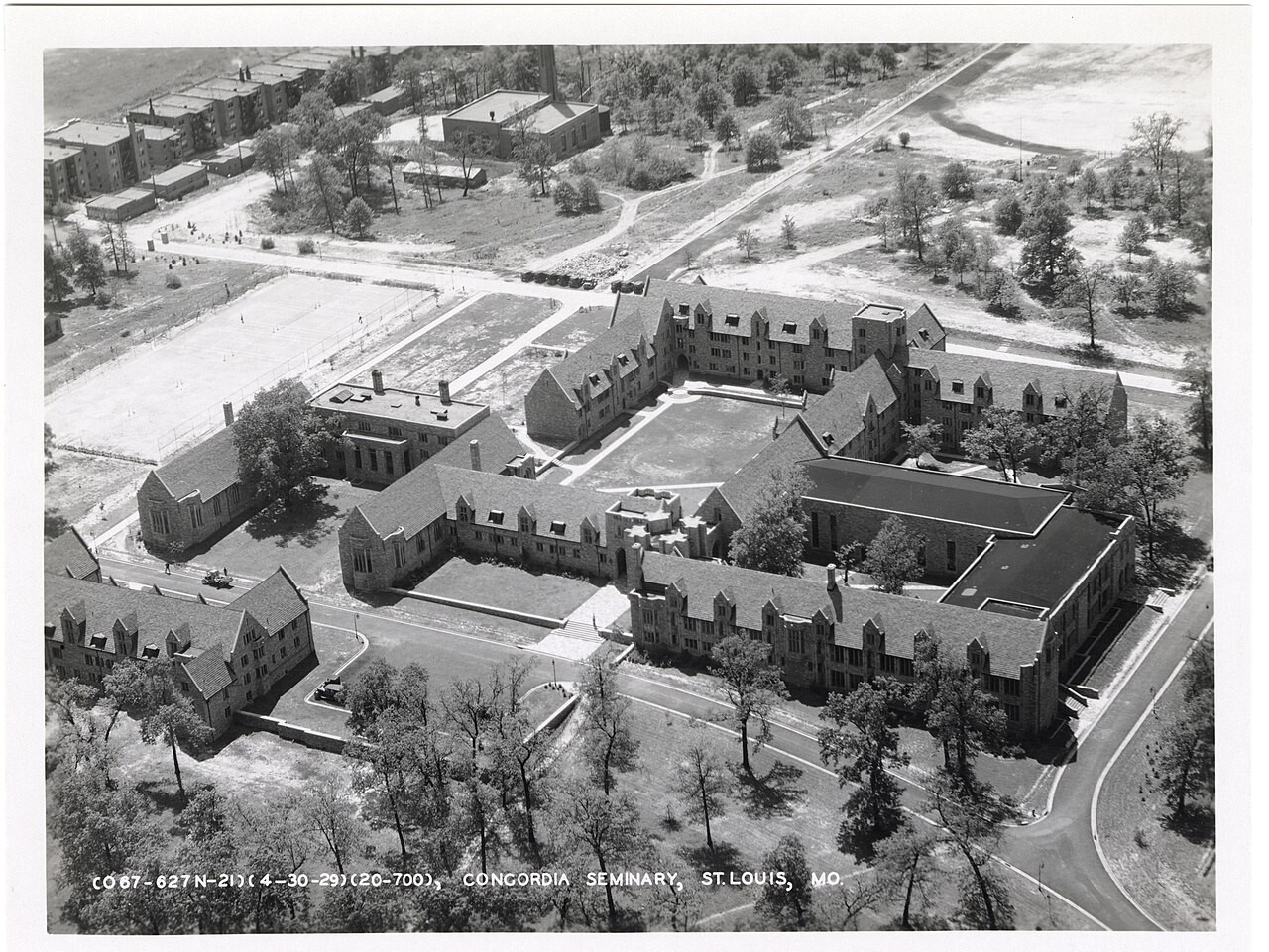 Historic aerial view of the Concordia Seminary campus in St Louis, Missouri.