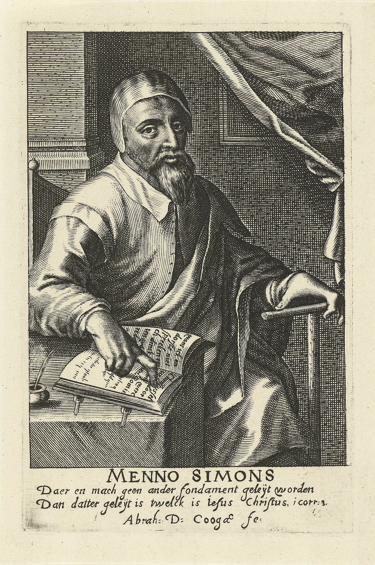 Engraved portrait of Menno Simons, the Dutch Anabaptist reformer.