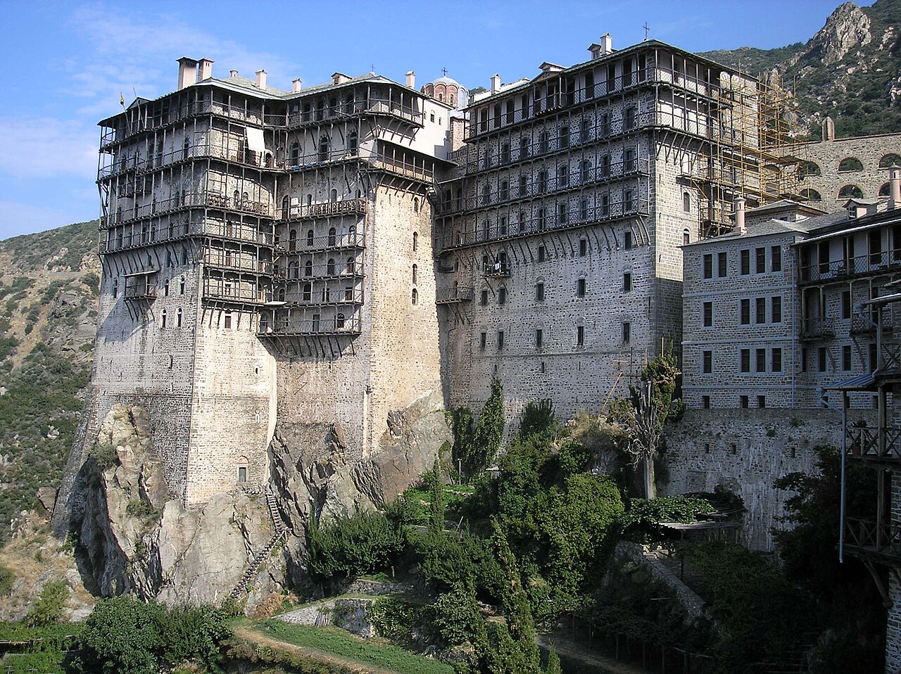 Simonopetra Monastery perched on its rock above the sea on Mount Athos, Greece.