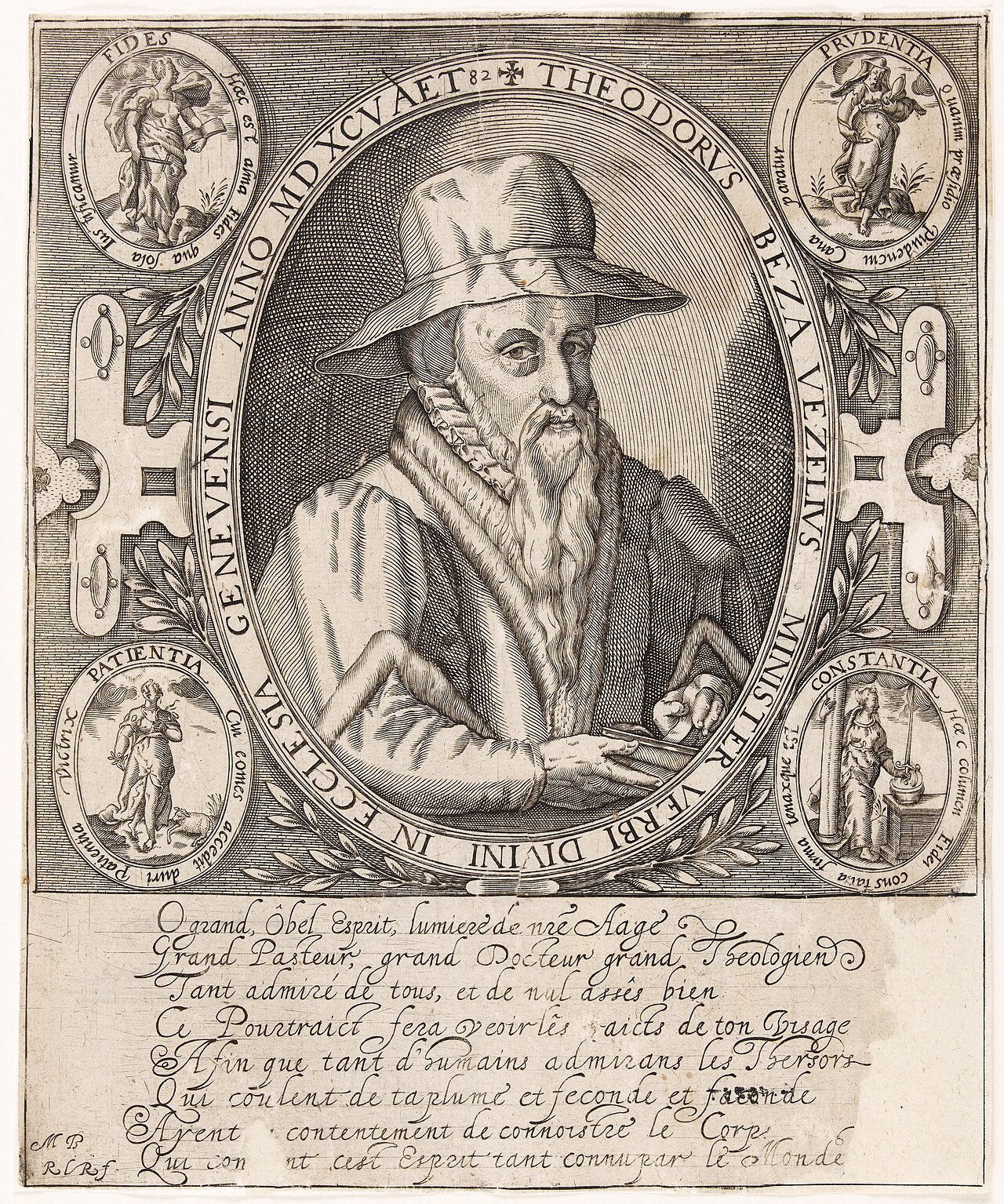 Engraved portrait of Theodore Beza, Calvin's successor as leader of the Genevan church.
