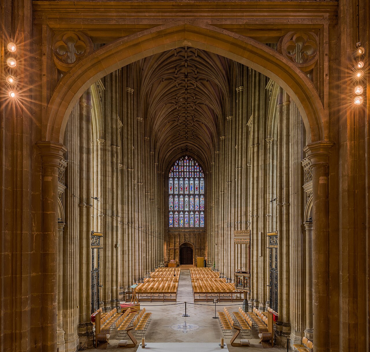 The nave of Canterbury Cathedral, looking east toward the rood screen.