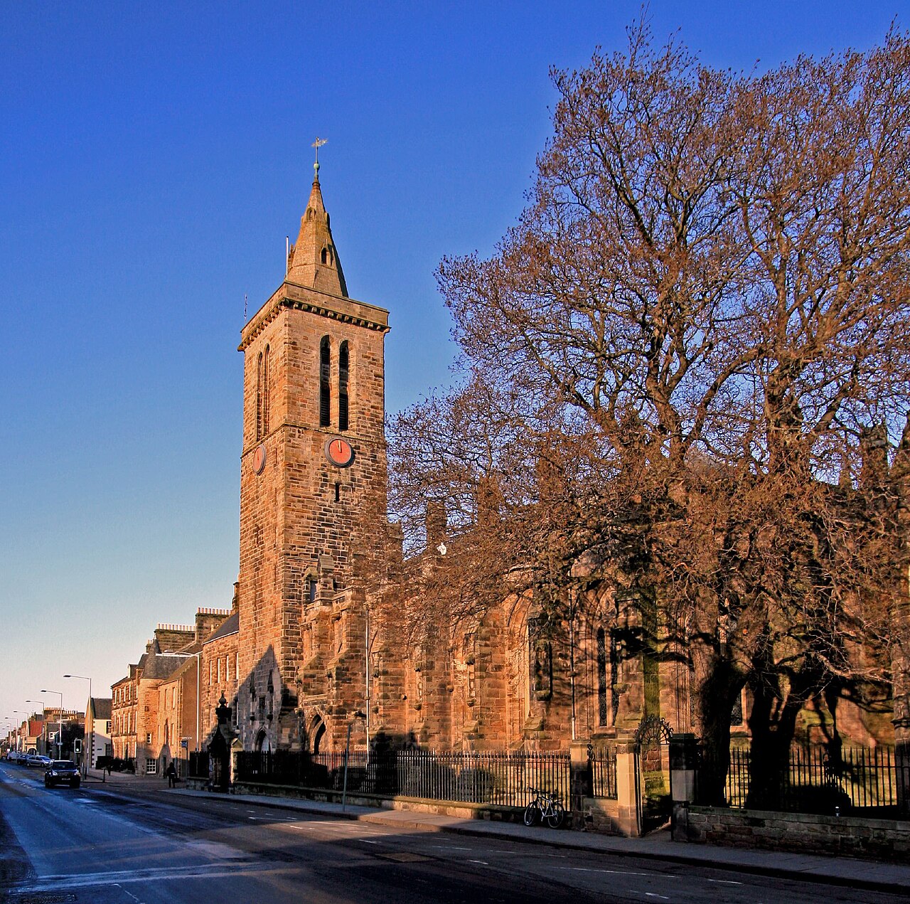 St Salvator's Chapel and its tower on North Street in St Andrews, Scotland.