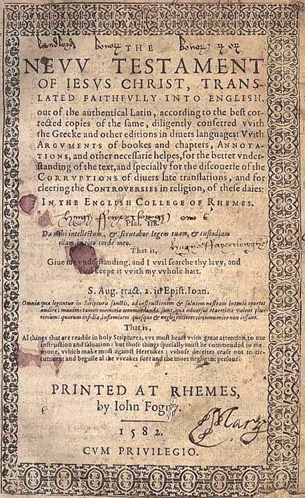 Title page of the Douay-Rheims New Testament, first printed at Rheims in 1582.