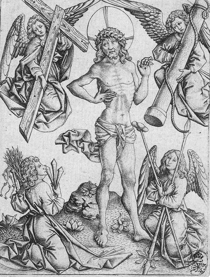 Christ as the Man of Sorrows between angels, a fifteenth-century engraving