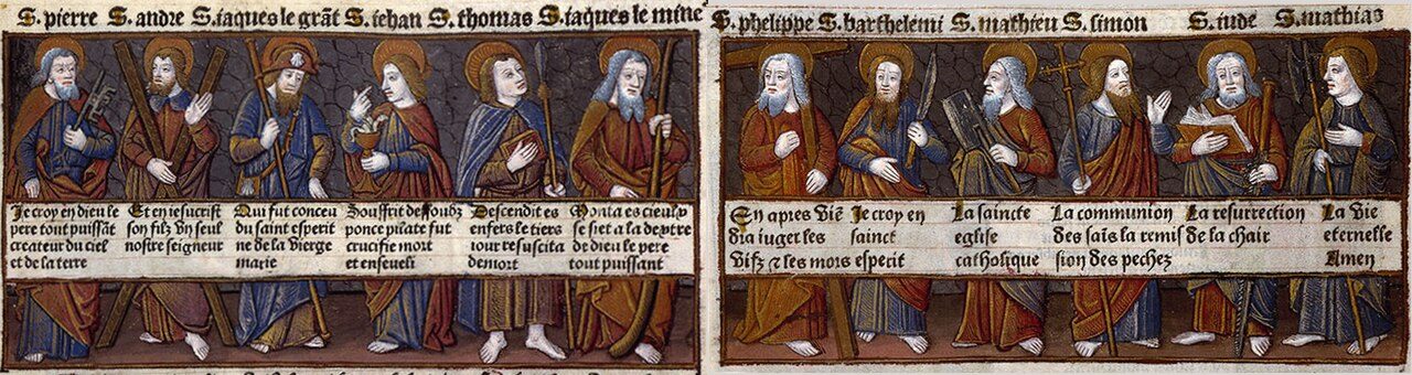 The twelve apostles, each holding his article of the Creed, in a 1493 French print