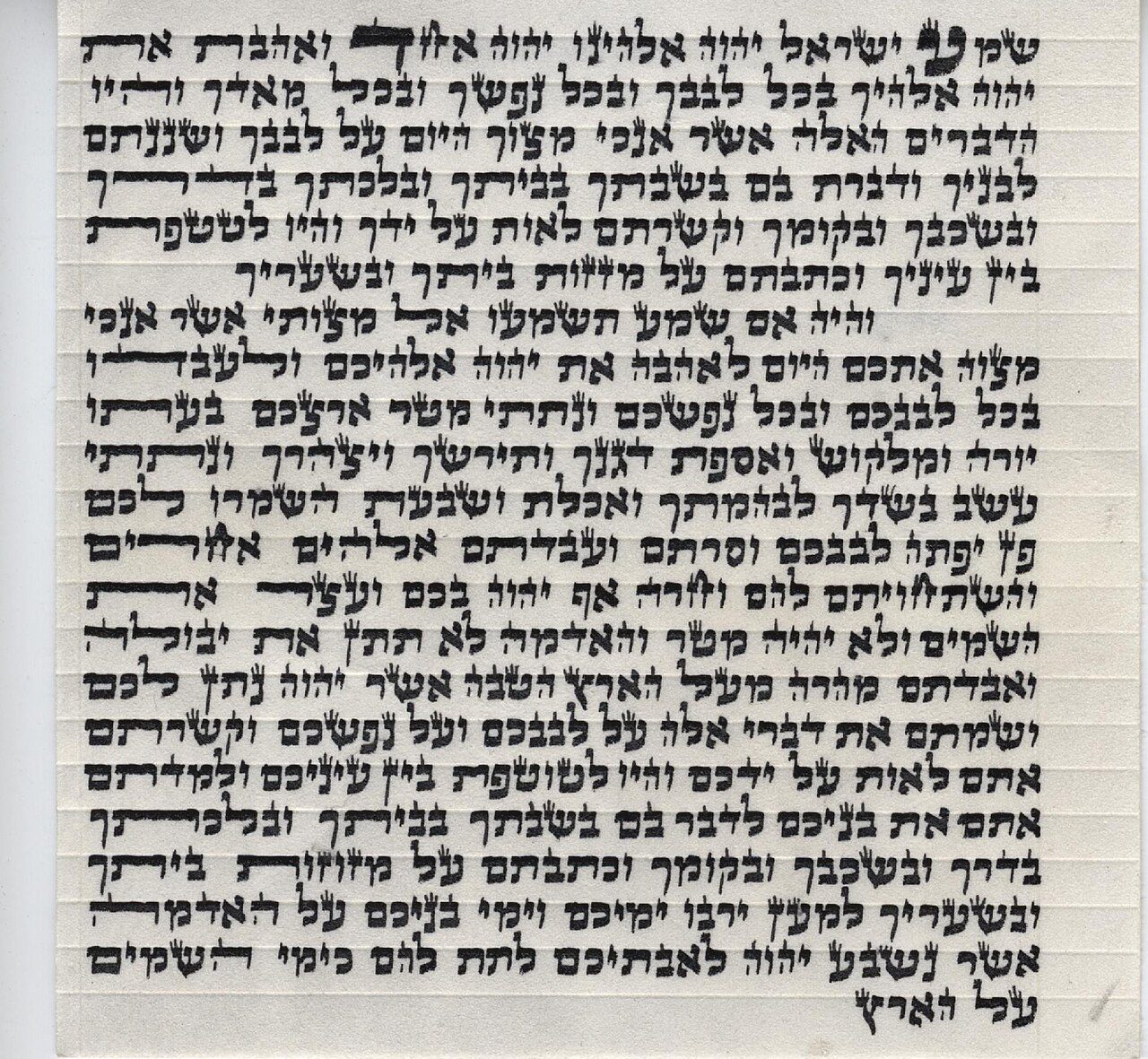 A mezuzah parchment opening with the word 'Shema'