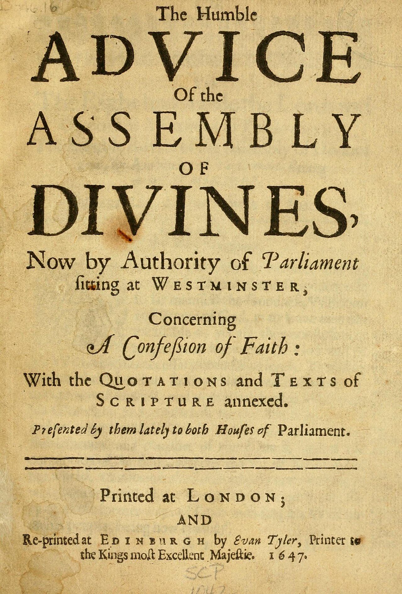 Title page of the 1647 Westminster Confession of Faith