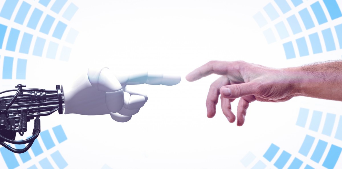 A digital illustration of a robot hand and a human hand reaching toward each other, after Michelangelo.