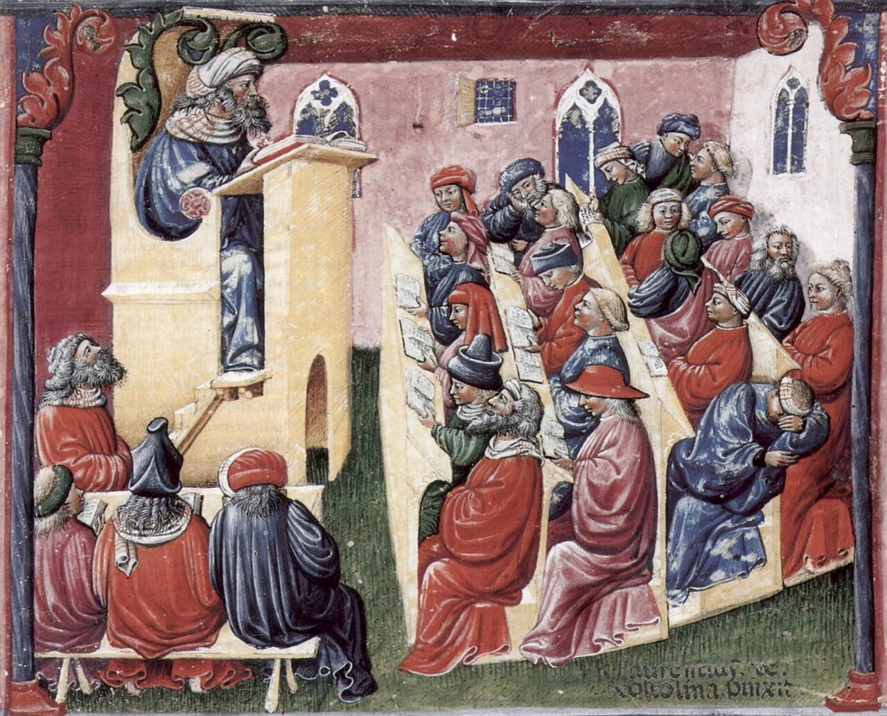 Laurentius de Voltolina's miniature of a master lecturing from a raised chair to rows of students in a medieval university.