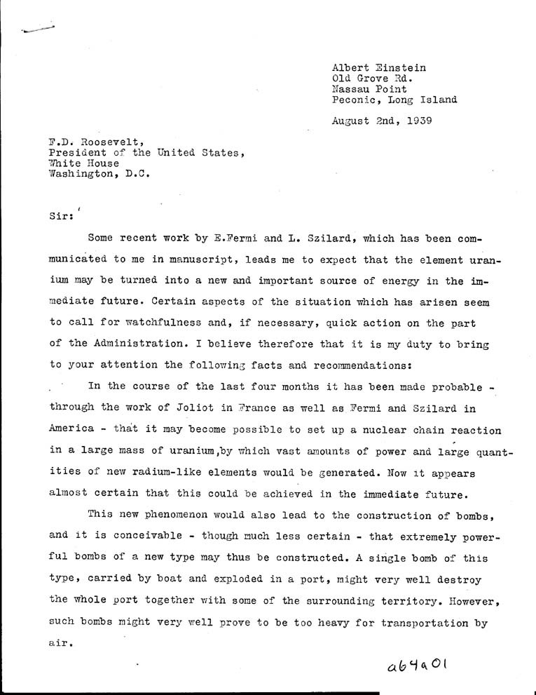 The first page of the 1939 Einstein–Szilárd letter to President Roosevelt.