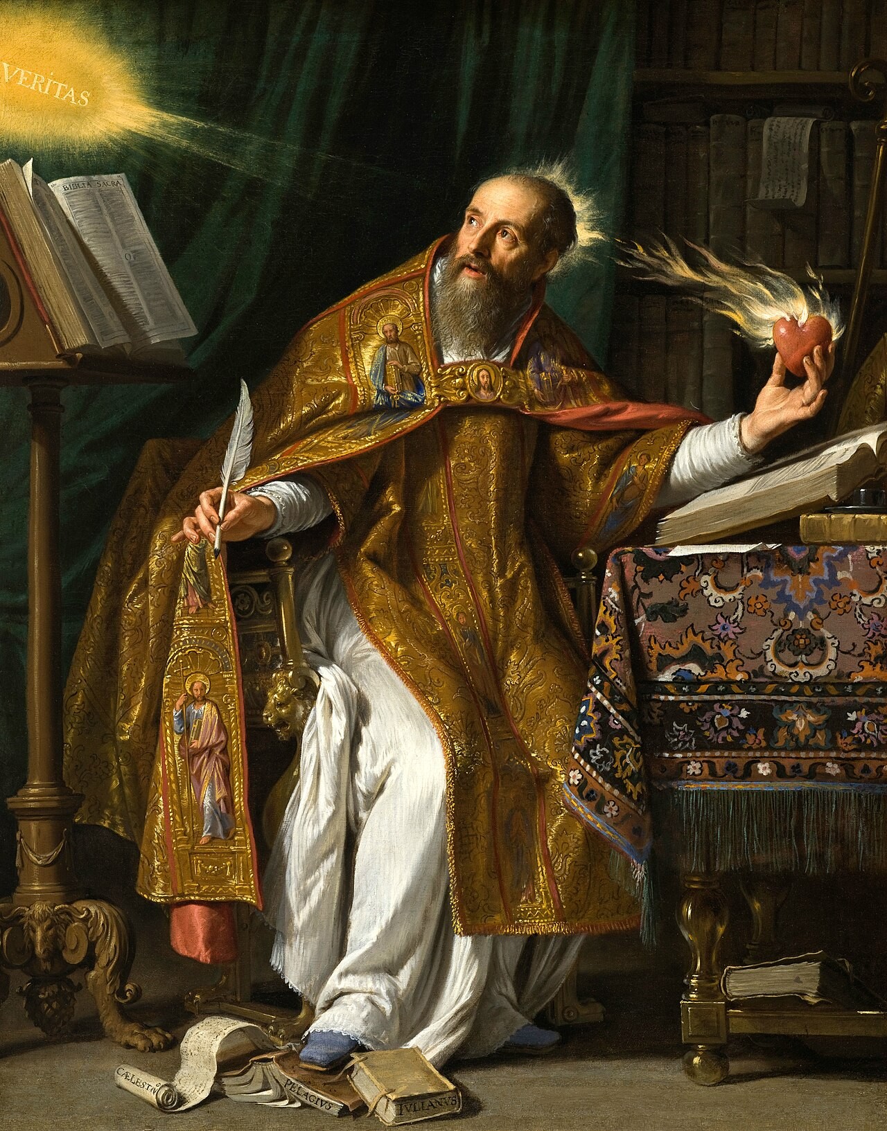 Philippe de Champaigne's painting of Saint Augustine in bishop's robes at his desk, holding his flaming heart.
