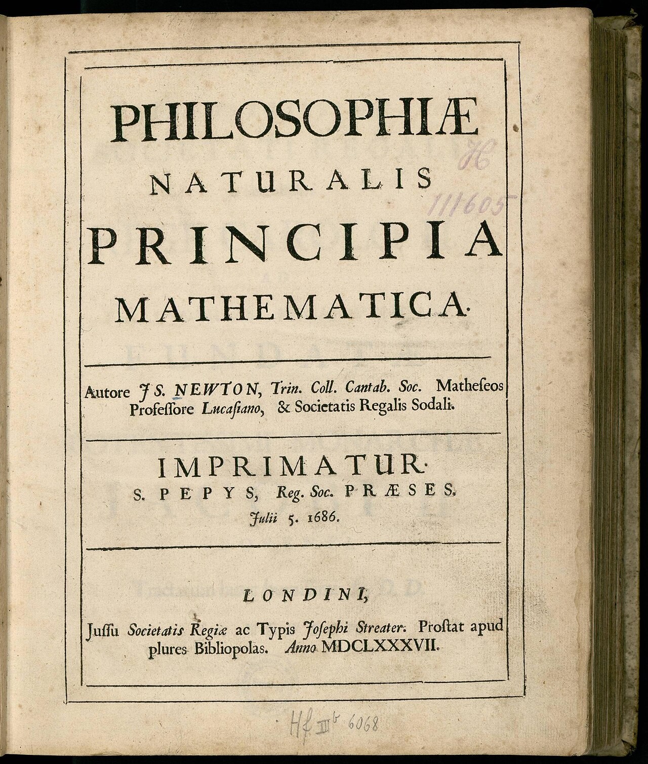 The title page of Newton's Philosophiae Naturalis Principia Mathematica, London, 1687.