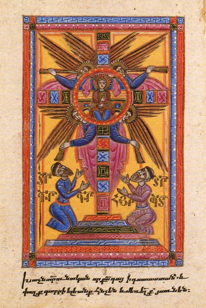 An illuminated Armenian manuscript page with a seraph miniature above lines of Armenian bolorgir text.
