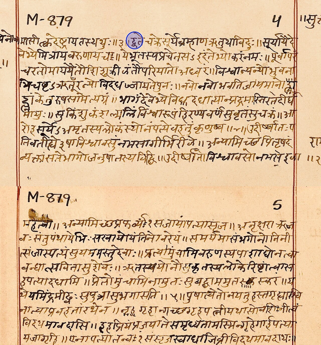 A manuscript page of the Rigveda's marriage hymn written in Devanagari, its letters joined by the script's continuous headline.