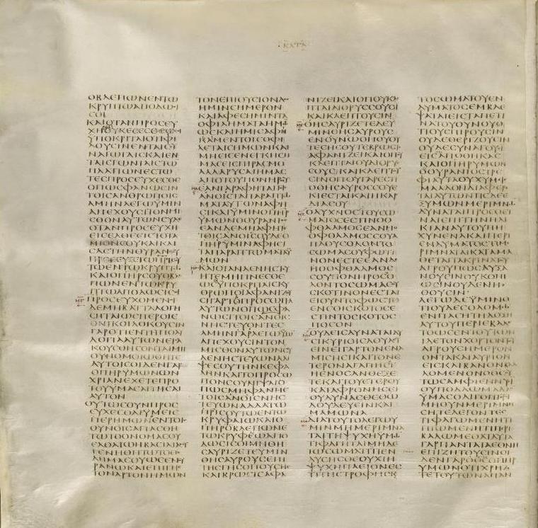 A folio of Codex Sinaiticus showing four columns of Greek uncial letters, the capital-letter hand of the great biblical codices.