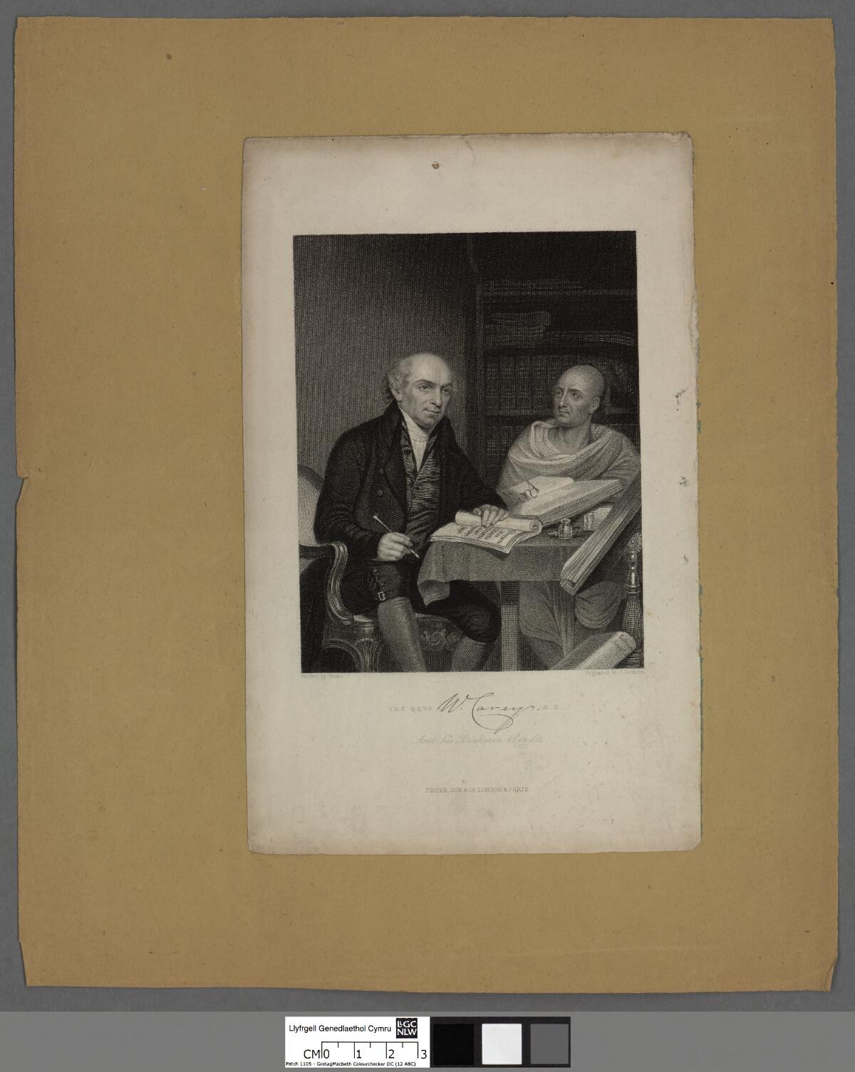 An engraving of William Carey at work with his Bengali pundit, translating at a table covered with papers.