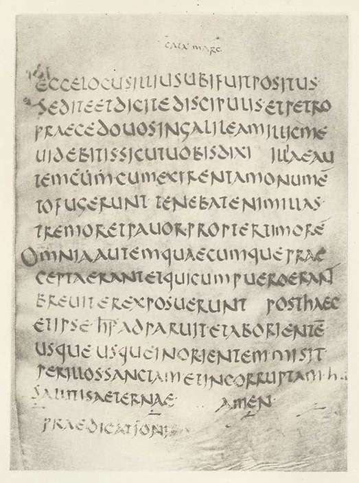 A page of the Codex Bobiensis written in large Latin uncials, its text of Mark's Gospel predating Jerome's revision.