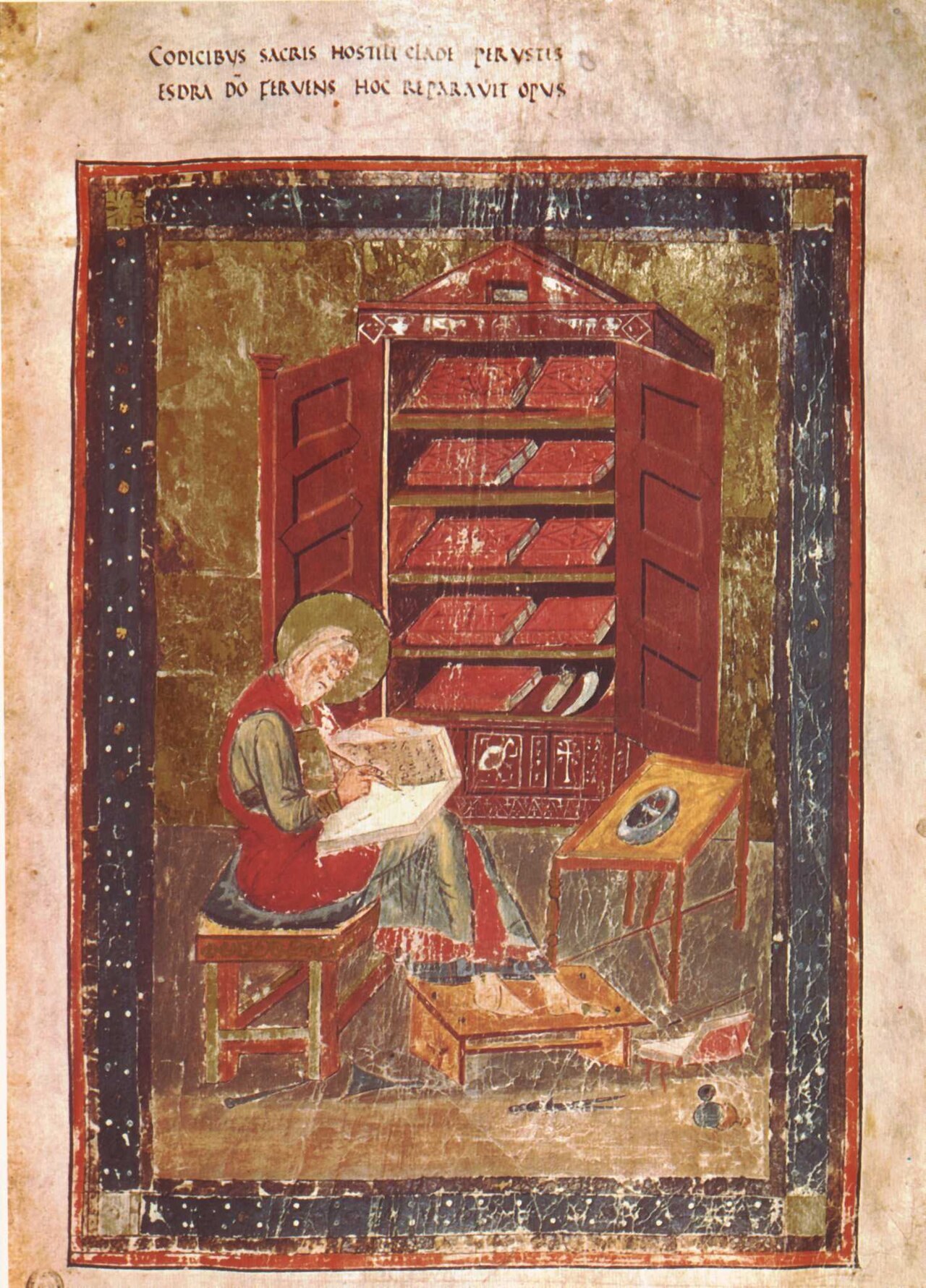 The Ezra miniature from the Codex Amiatinus, the scribe-prophet writing at his desk before the cupboard of the Bible's nine volumes.