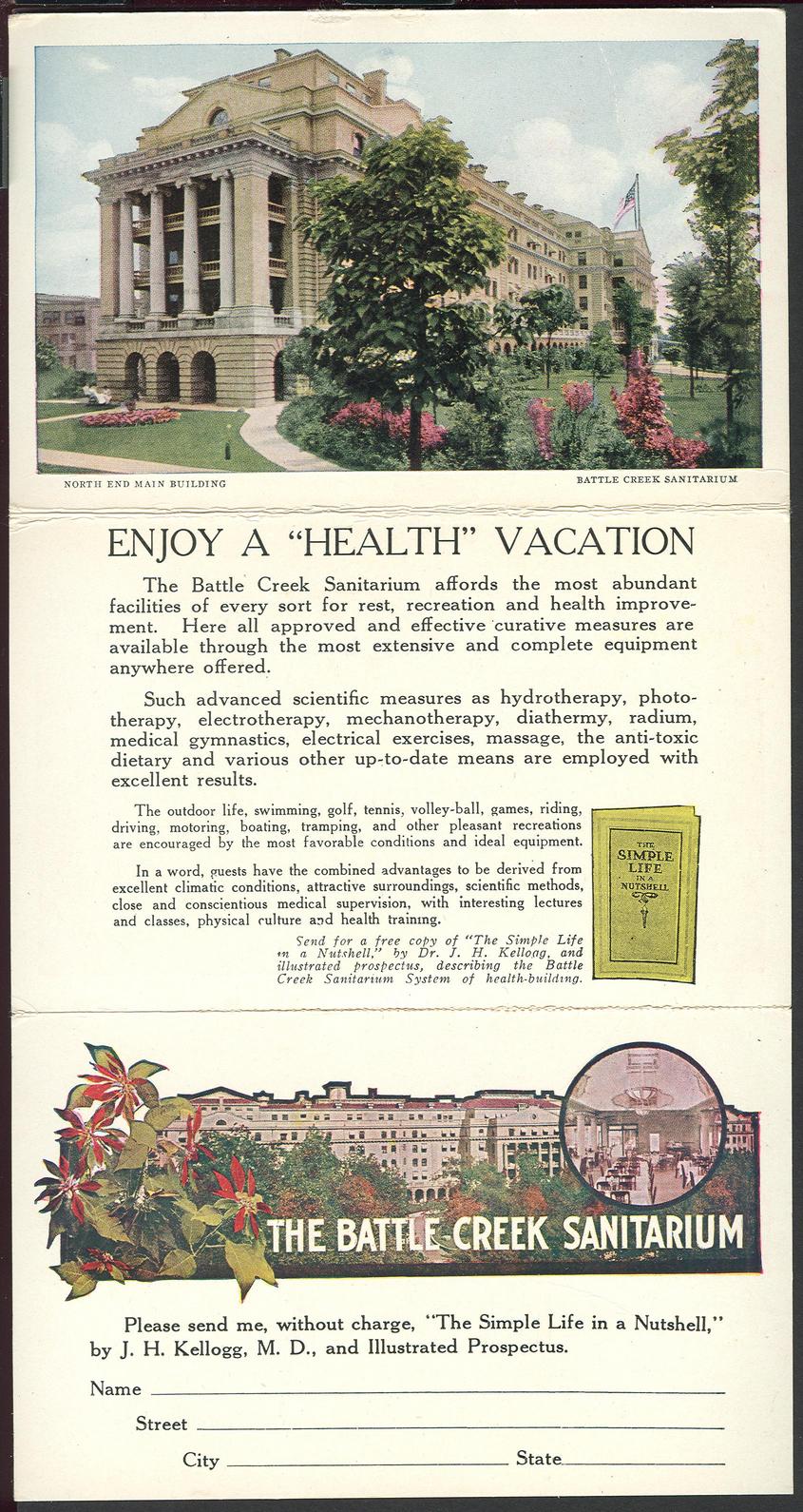A vintage postcard advertising the Battle Creek Sanitarium in Michigan, the health institution built by Seventh-day Adventists.
