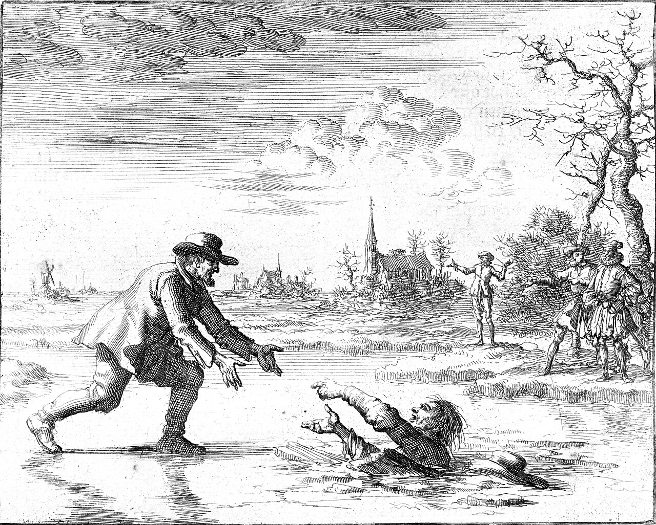 The engraving of Dirk Willems at Asperen in 1569: escaped from prison across the ice, he turns back to pull his drowning pursuer out.