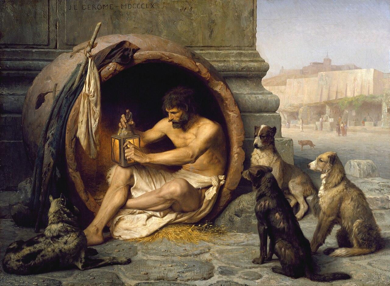 Gérôme's painting of Diogenes seated inside his great earthenware jar, holding up his lantern, dogs gathered around him.