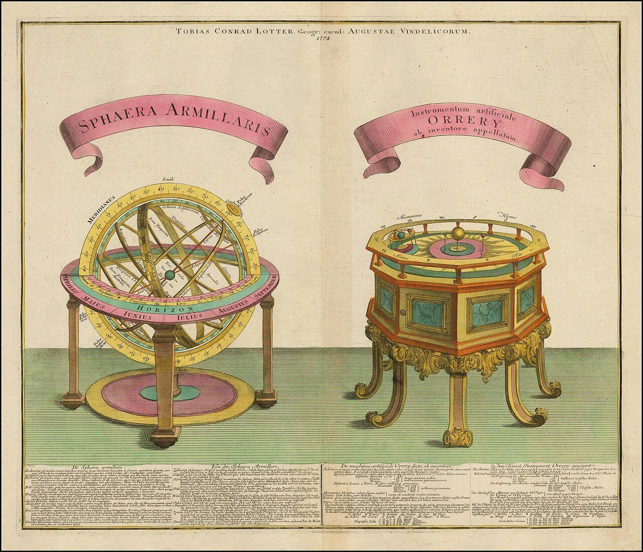 An engraved armillary sphere and orrery, 1774