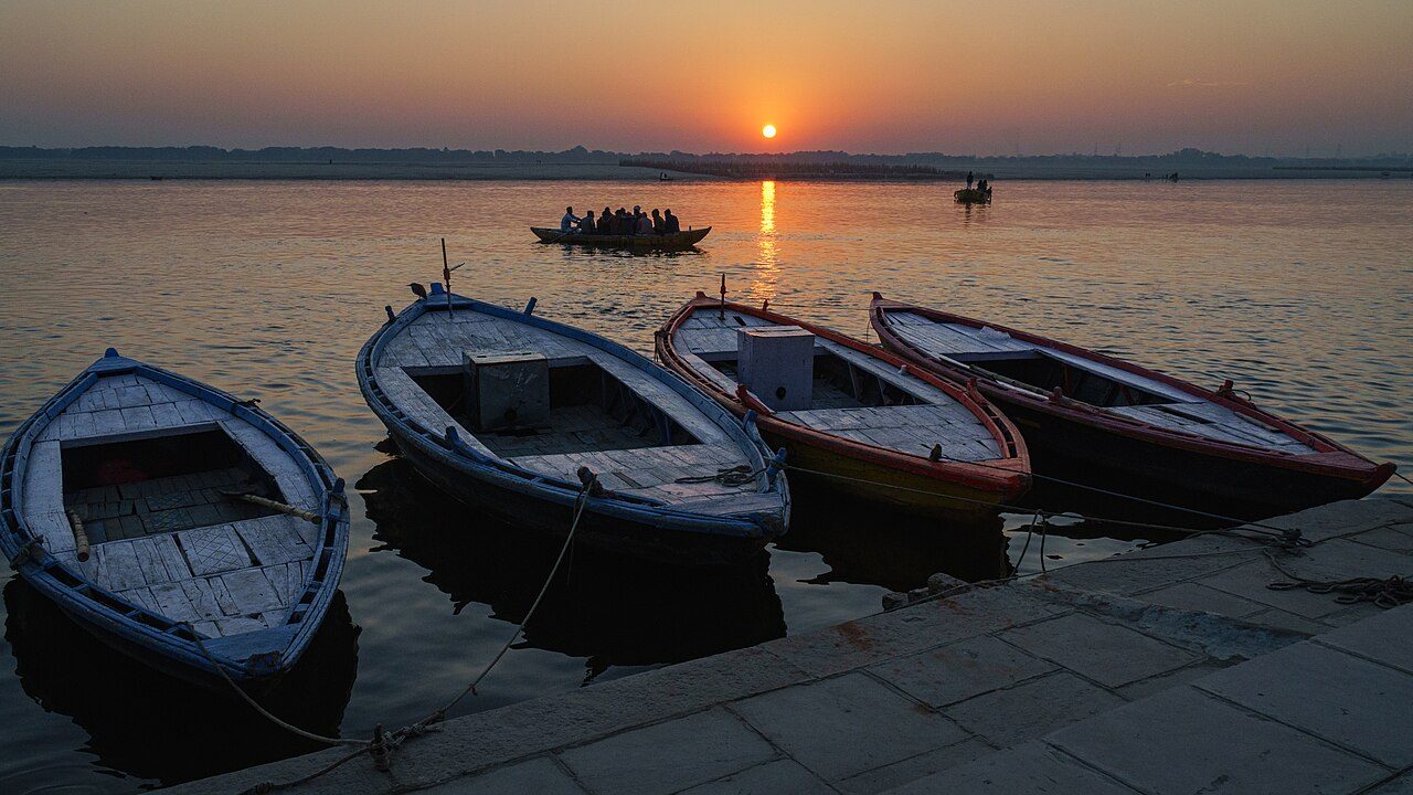Boats at sunrise on the Ganges at Varanasi