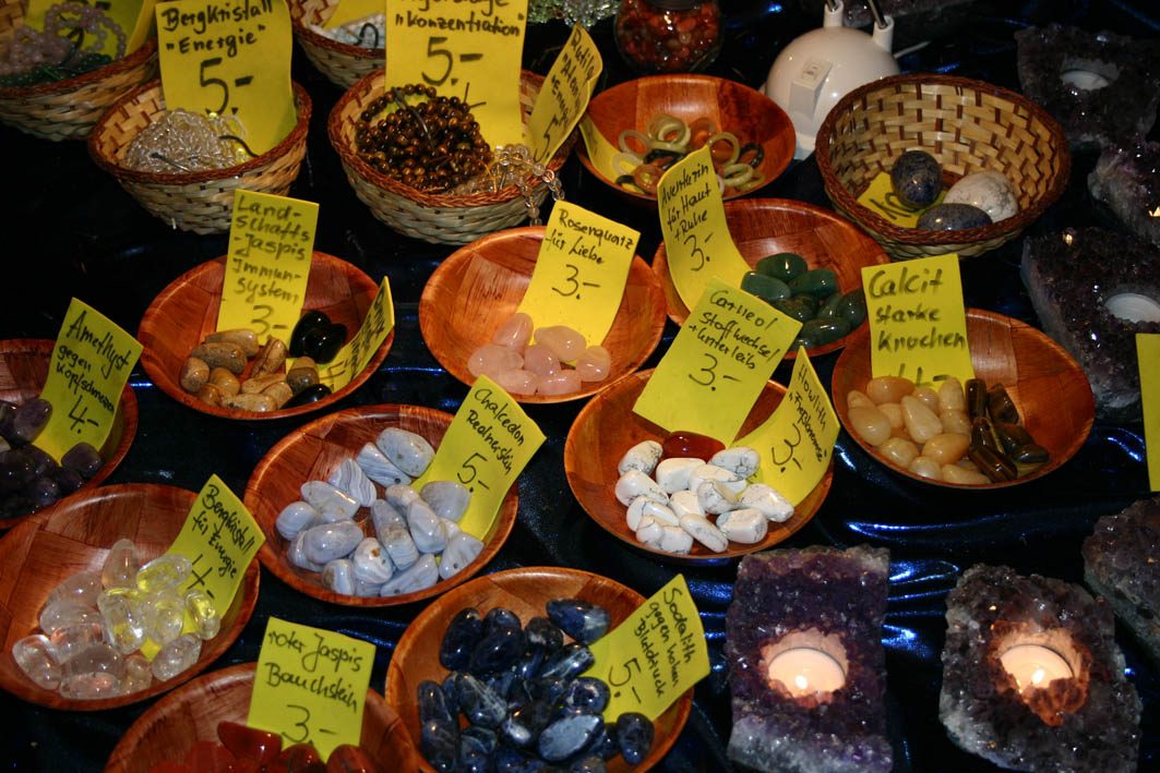 Healing crystals offered at a market stall