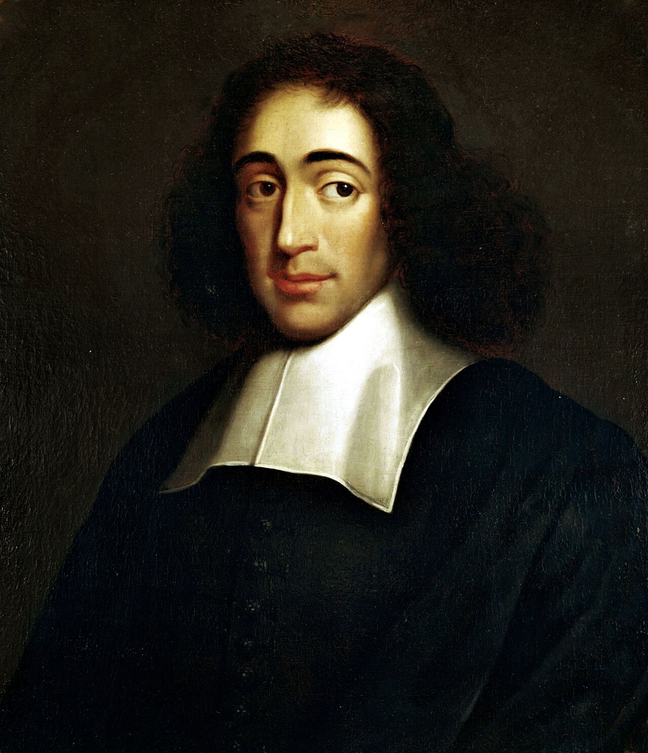 The painted portrait of Baruch Spinoza as a young man, long dark hair and a broad white collar against a dark background.