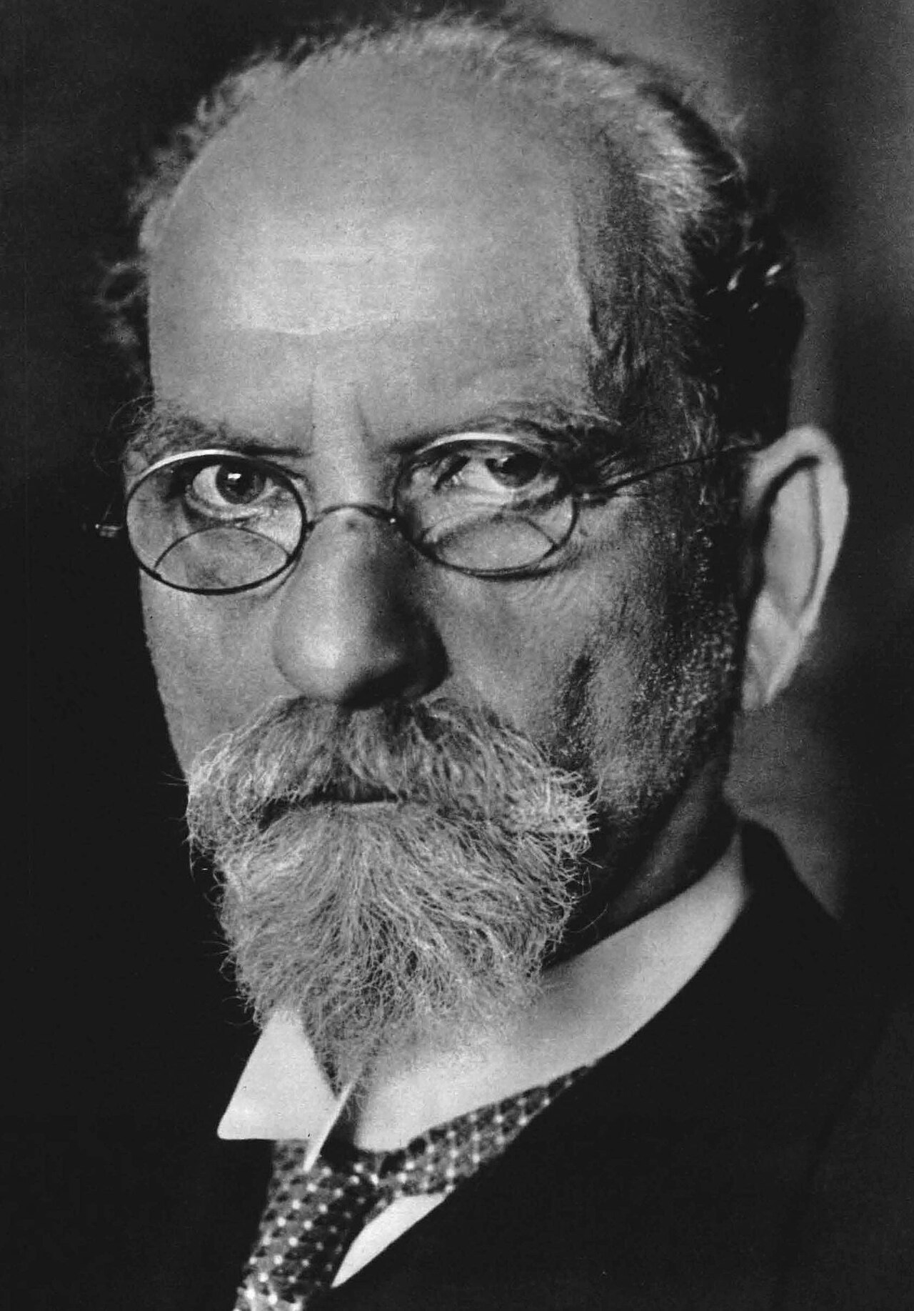 A black-and-white portrait photograph of Edmund Husserl, bald with round glasses and a pointed goatee.