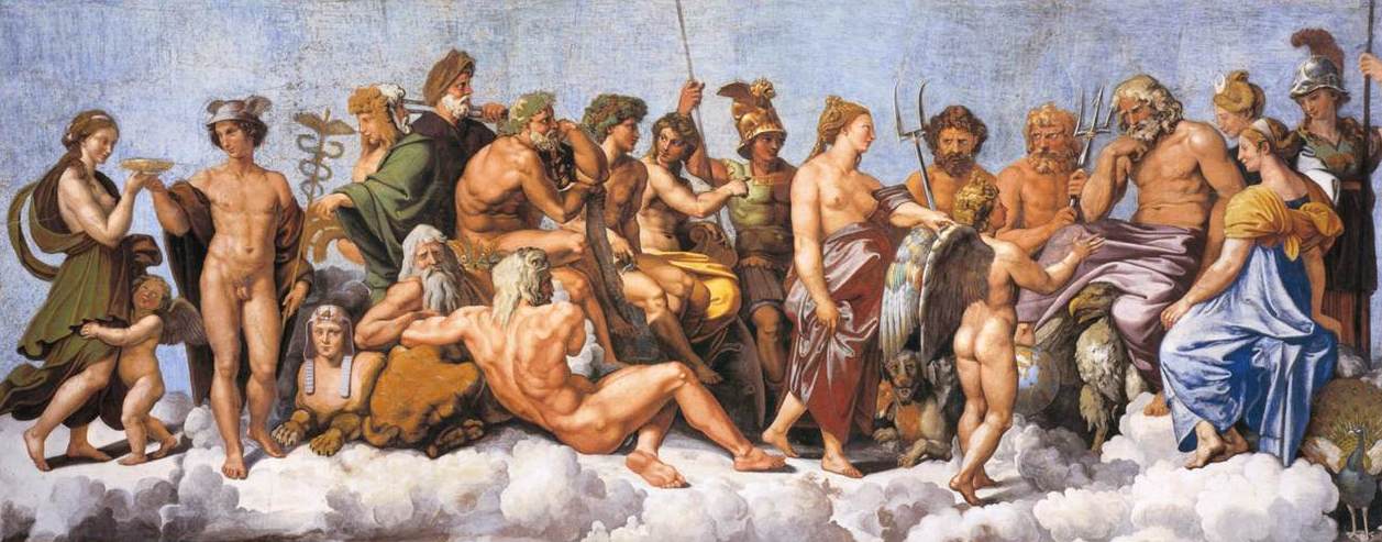 Raphael's Council of the Gods fresco: the assembled Olympian gods reclining on clouds, Zeus enthroned among them.