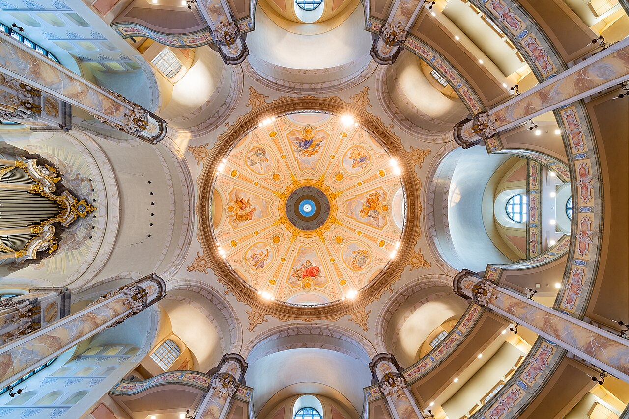 Looking up into the great dome of the Frauenkirche in Dresden, rebuilt after the Second World War.
