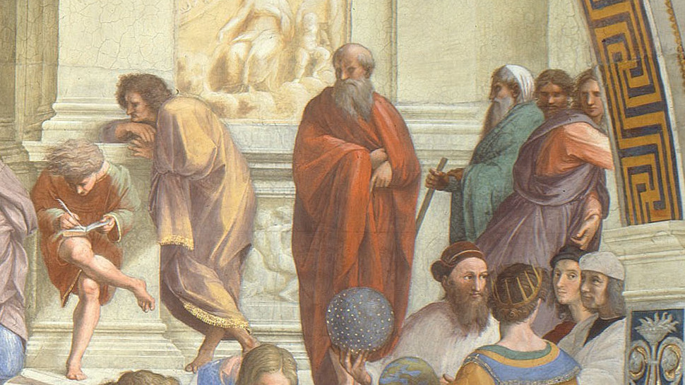 A detail of Raphael's School of Athens: philosophers gathered on the steps, an elder in a red robe at the center.